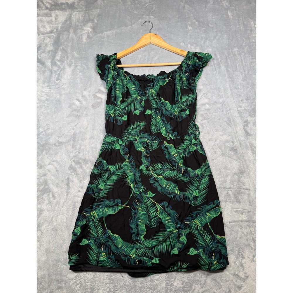 GUESS Party Mini Dress Womens M Black Green Tropical Palm Leaf Off the Shoulder
